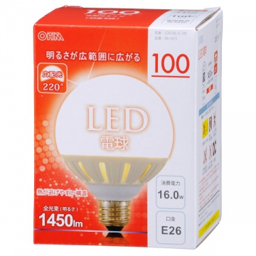LED電球 ボール形 100形相当 E26 電球色 [品番]06-1615