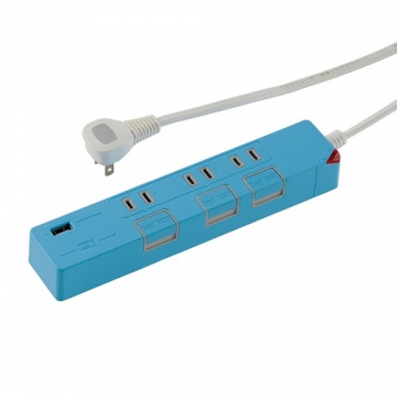 USB充電ポート付き 押しボタン節電タップ 3個口 1.5m ブルー [品番]00-1427
