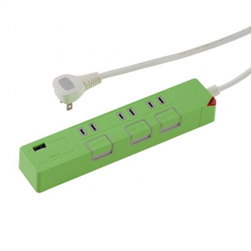 USB充電ポート付き 押しボタン節電タップ 3個口 1.5m グリーン [品番]00-1428