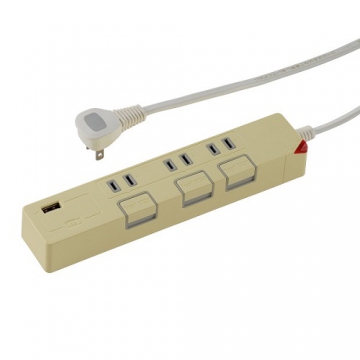 USB充電ポート付き 押しボタン節電タップ 3個口 1.5m イエロー [品番]00-1429