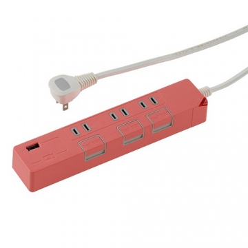 USB充電ポート付き 押しボタン節電タップ 3個口 1.5m ピンク [品番]00-1430