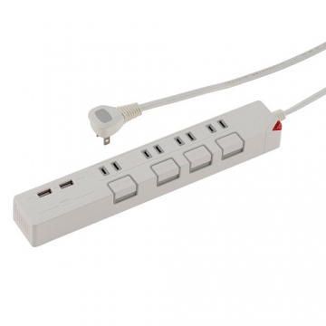USB充電ポート2個付き 押しボタン節電タップ 4個口 1.5m ホワイト [品番]00-1431