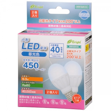 LED電球 小形 E17 40形相当 昼光色 2個入 [品番]06-2946