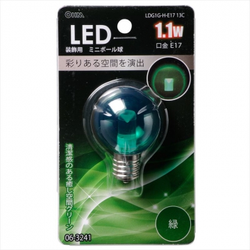 LEDミニボール球装飾用 G40/E17/1.1W/クリア緑色 [品番]06-3241
