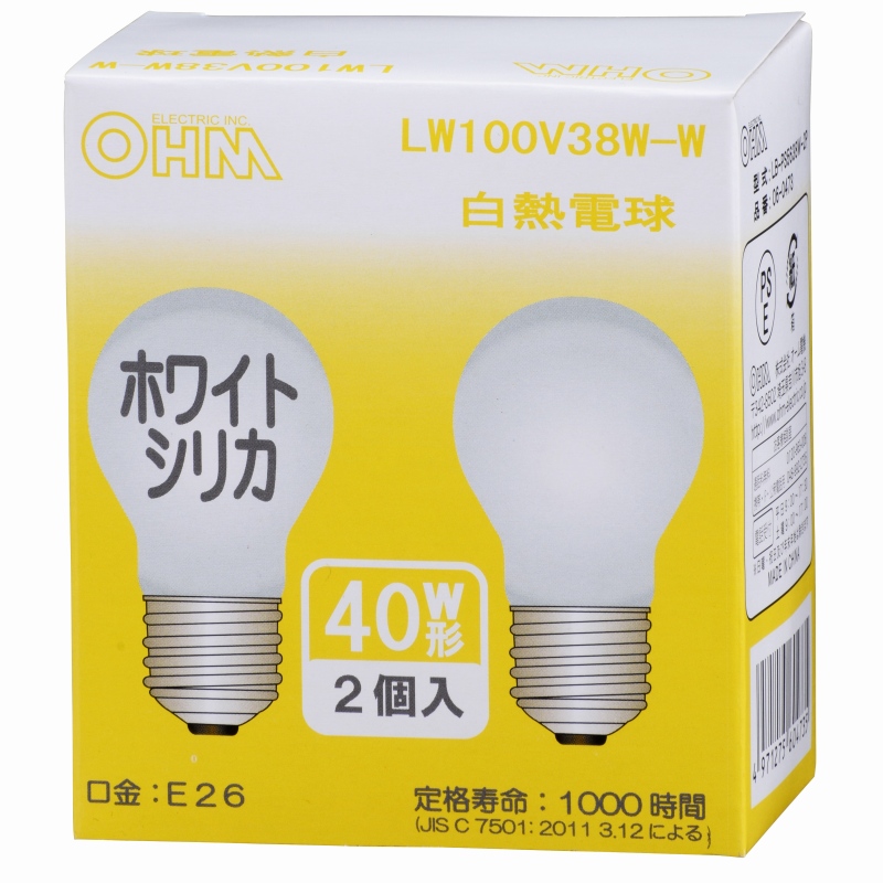 白熱電球 E26 40W ホワイト 2個入 [品番]06-0473｜株式会社オーム電機