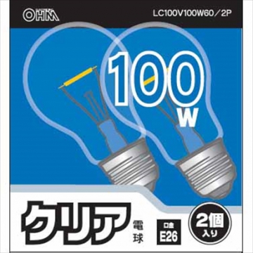 白熱電球 E26 100Wクリア 2個入 [品番]06-1760