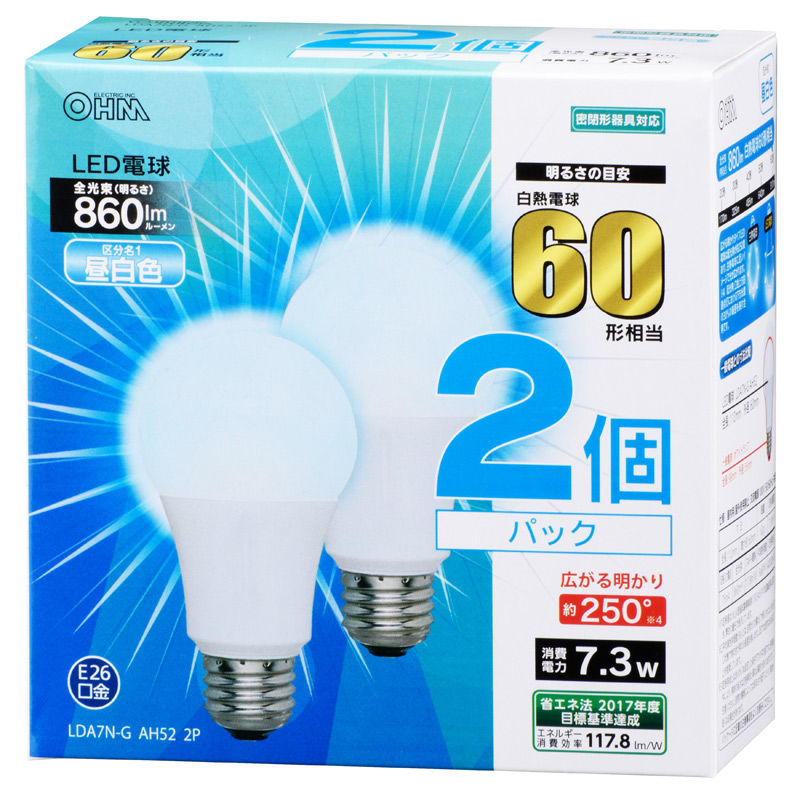LED電球 E26 60形相当 昼白色 2個入 [品番]06-0618｜株式会社オーム電機
