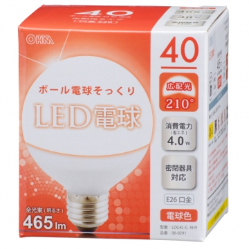 LED電球 ボール形 40形相当 E26 電球色 [品番]06-0291