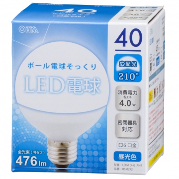 LED電球 ボール形 40形相当 E26 昼光色 [品番]06-0292