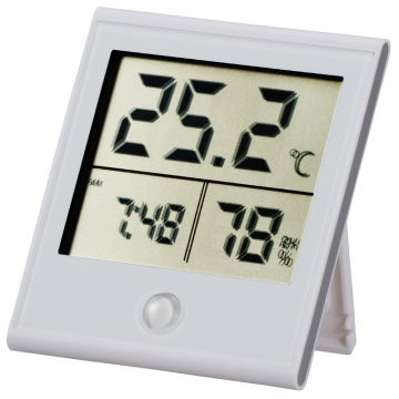 時計付き デジタル温湿度計 白 [品番]08-0091