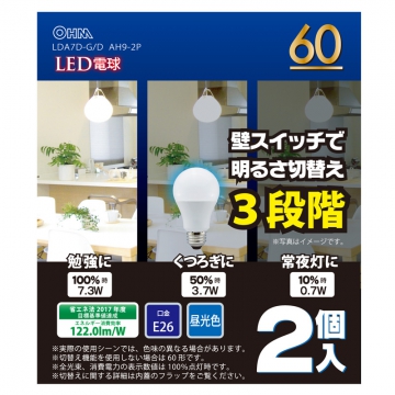 LED電球 E26 60形相当 明るさ切替 昼光色 2個入 [品番]06-0111