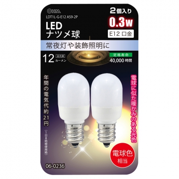 LEDナツメ球 常夜灯 E12 電球色 2個入 [品番]06-0236