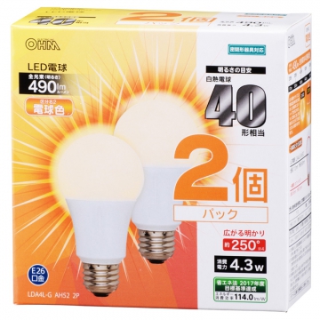 LED電球 E26 40形相当 電球色 2個入 [品番]06-0615