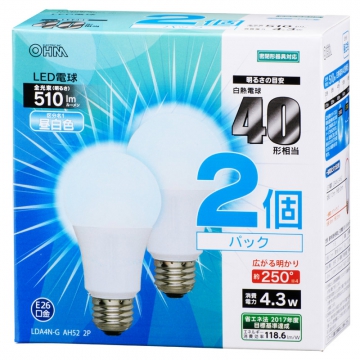 LED電球 E26 40形相当 昼白色 2個入 [品番]06-0616