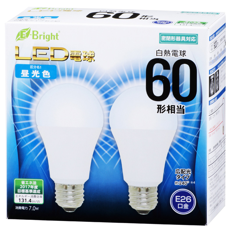 LED電球 E26 60形相当 昼光色 2個入 [品番]06-3174｜株式会社オーム電機