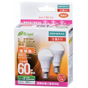 LED電球 小形 E17 60形相当 電球色 2個入 [品番]06-3392