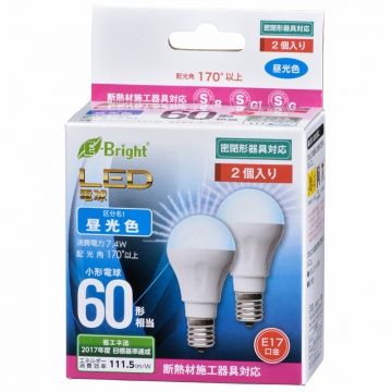 LED電球 小形 E17 60形相当 昼光色 2個入 [品番]06-3393