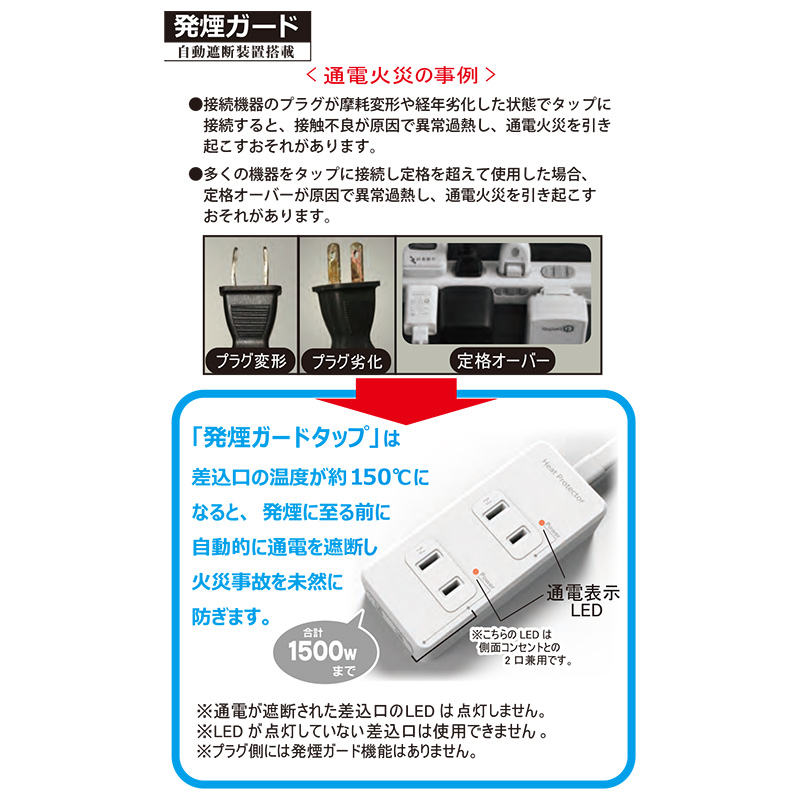 発煙ガード安全タップ 3個口 10m [品番]00-2258｜株式会社オーム電機