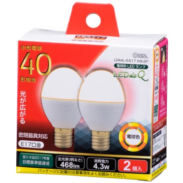 LED電球 小形 E17 40形相当 電球色 2個入 [品番]06-0779