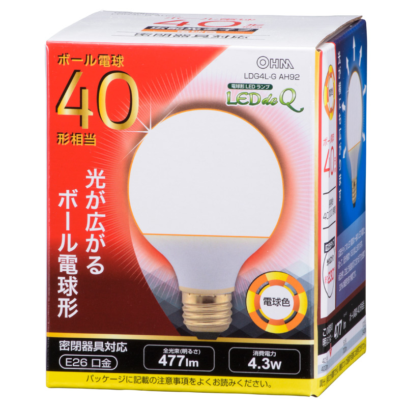 LED電球 ボール形 E26 40形相当 電球色 [品番]06-0755｜株式会社オーム電機