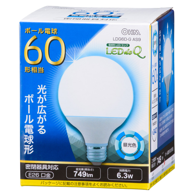 LED電球 ボール形 E26 60形相当 昼光色 [品番]06-0758｜株式会社オーム電機