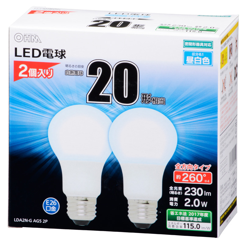 LED電球 E26 20形相当 昼白色 2個入 [品番]06-1742｜株式会社オーム電機
