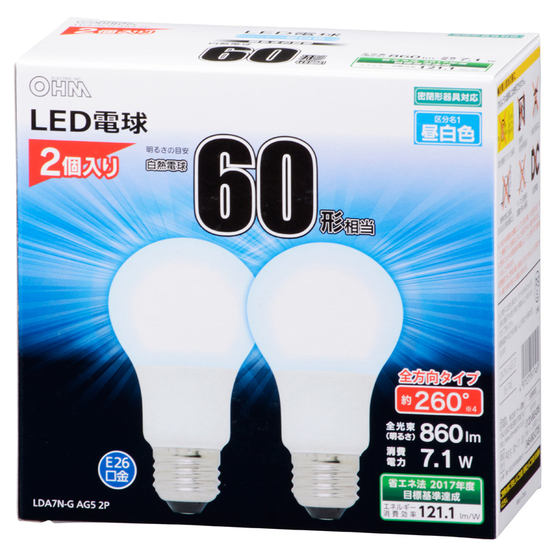LED電球 E26 60形相当 昼白色 2個入 [品番]06-1746｜株式会社オーム電機