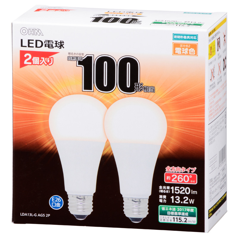 LED電球 E26 100形相当 電球色 2個入 [品番]06-1747｜株式会社オーム電機