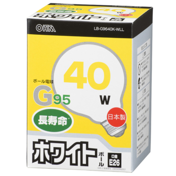 白熱ボール電球 40W E26 G95 ホワイト [品番]06-0622