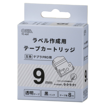 テプラ互換ラベル 透明テープ 黒文字 幅9mm [品番]01-3807