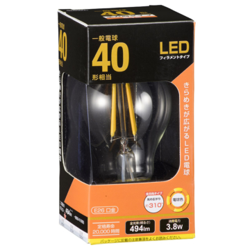 LEDフィラメントタイプ電球 E26 40形相当 電球色 [品番]06-3462