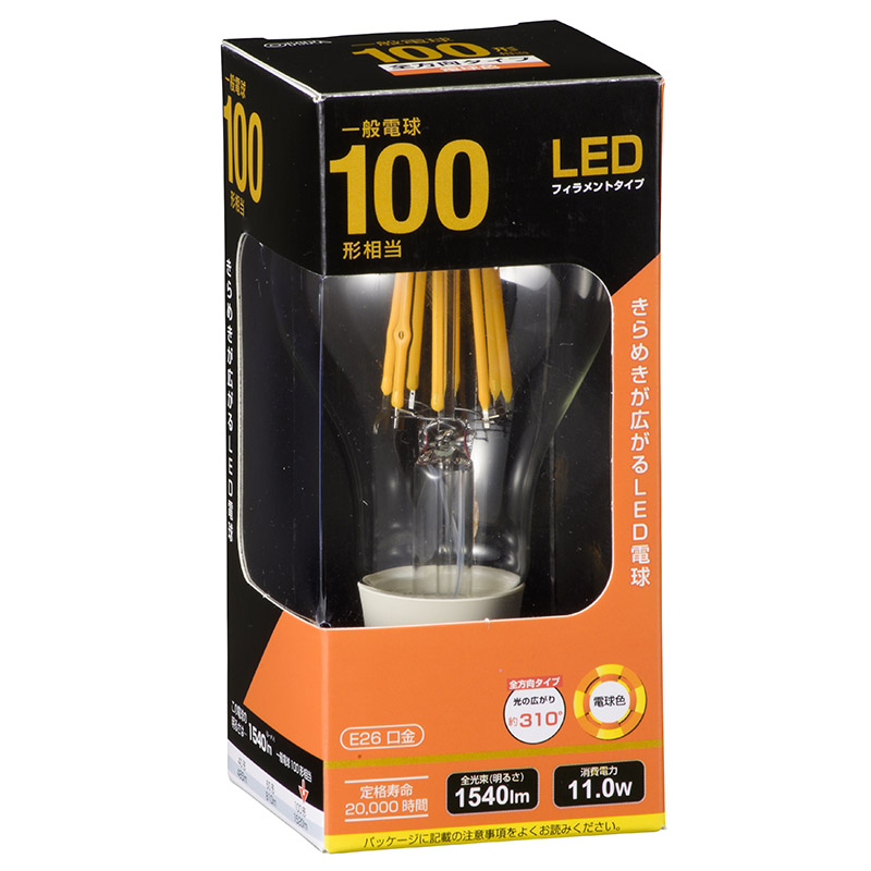LEDフィラメントタイプ電球 E26 100形相当 電球色 [品番]06-3464｜株式