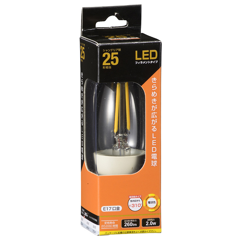シャンデリア電球 LED クリア電球 25W形相当 E12口金 2W 蝋燭型 - 蛍光