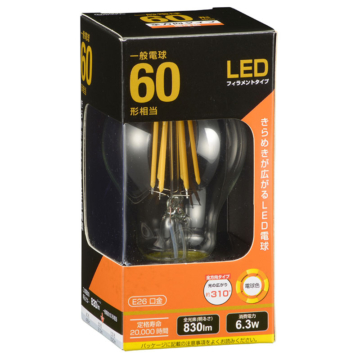 LEDフィラメントタイプ電球 E26 60形相当 電球色 [品番]06-3463
