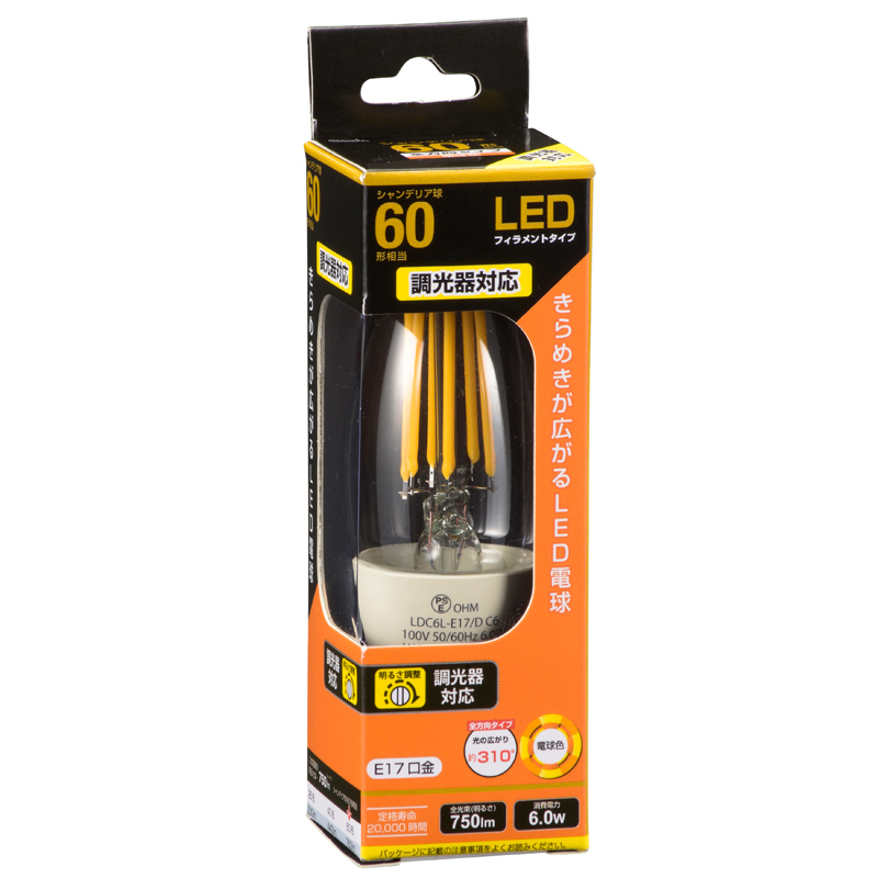 LEDフィラメントタイプシャンデリア球 E17 60形相当 電球色 調光器対応 [品番]06-3487｜株式会社オーム電機