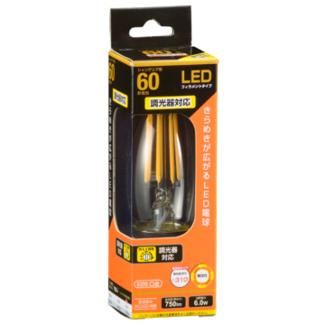 LEDフィラメントタイプシャンデリア球 E26 60形相当 電球色 調光器対応 [品番]06-3490