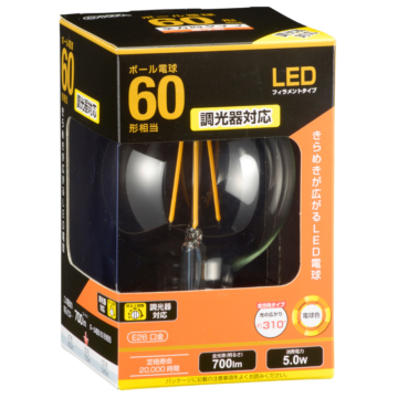 LEDフィラメントタイプボール球 E26 60形相当 電球色 調光器対応 [品番]06-3498