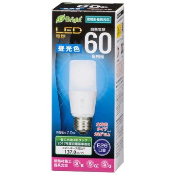 LED電球 T形 E26 60形相当 昼光色 [品番]06-3612