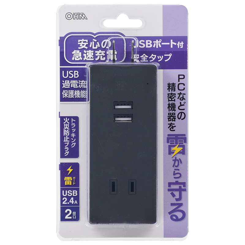 USBポート付安全タップ 雷ガード 2個口 黒 [品番]00-4398｜株式会社 