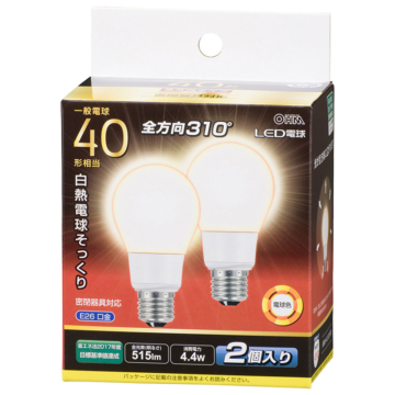 LED電球 E26 40形相当 電球色 2個入 [品番]06-3419