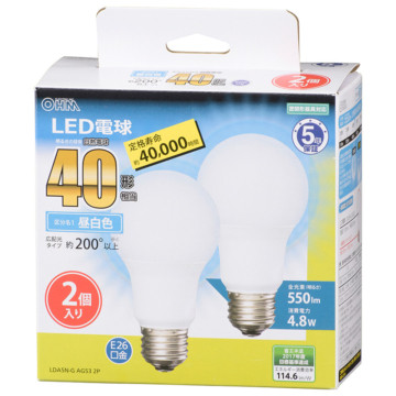 LED電球 E26 40形相当 広配光 昼白色 2個入 [品番]06-3298