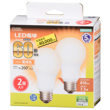 LED電球 E26 60形相当 広配光 電球色 2個入 [品番]06-3299