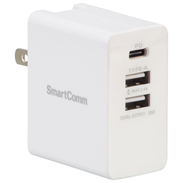 SmartComm USB急速充電チャージャー マルチ電圧 TypeCｘ1 TypeAｘ2 [品番]03-3059