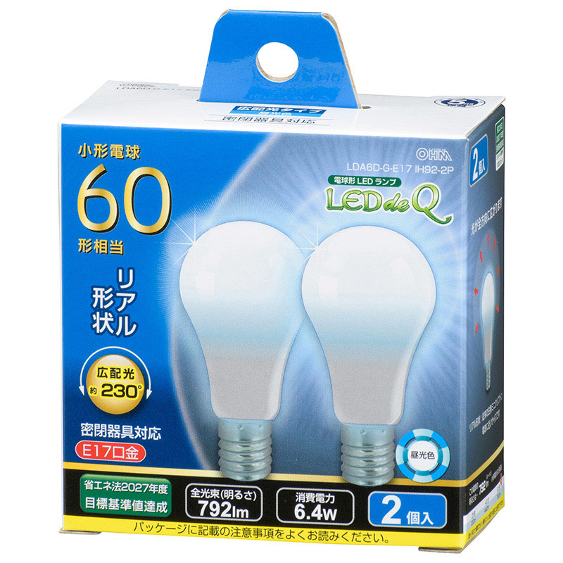 LED電球 小形 E17 60形相当 昼光色 2個入り [品番]06-3444｜株式会社オーム電機