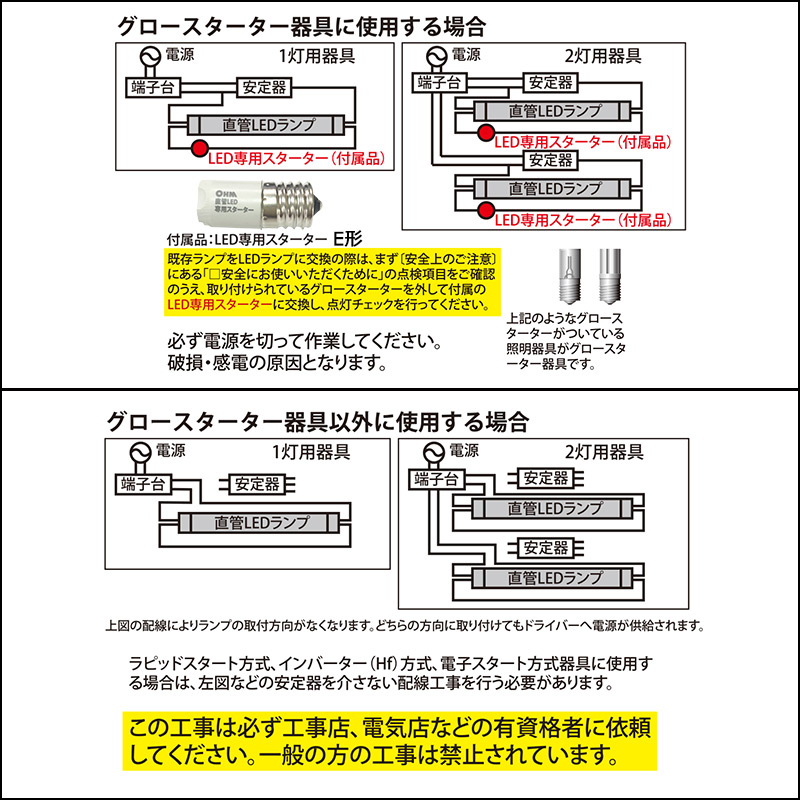 直管LEDランプ 20形相当 G13 昼白色 グロースターター器具専用 片側給電仕様 2本入 [品番]06-0969｜株式会社オーム電機