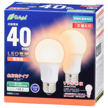 LED電球 E26 40形相当 全方向 電球色 2個入り [品番]06-4349