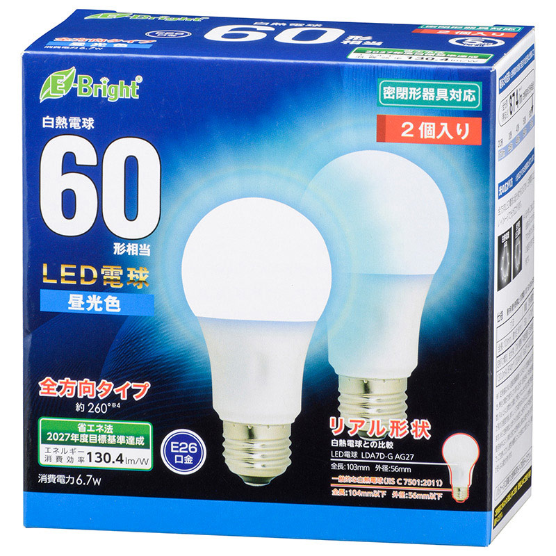 LED電球 E26 60形相当 全方向 昼光色 2個入り [品番]06-4354｜株式会社