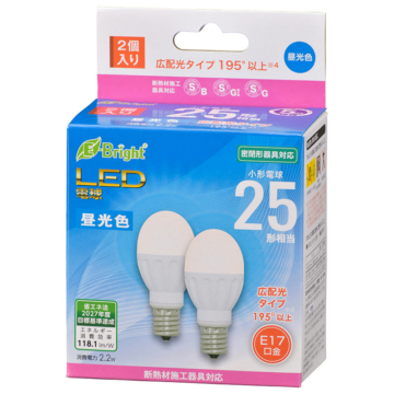 LED電球 小形 E17 25形相当 昼光色 2個入 [品番]06-4320