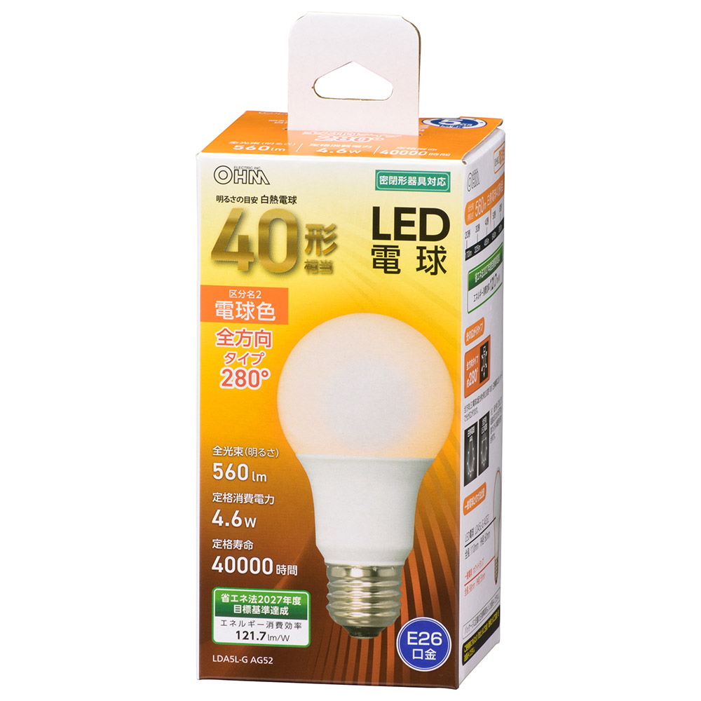 LED電球 E26 40形相当 電球色 [品番]06-4454｜株式会社オーム電機