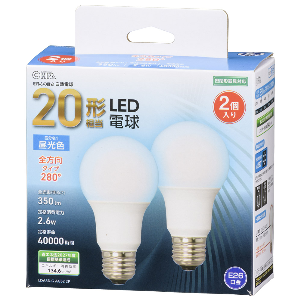 LED電球 E26 20形相当 昼光色 全方向 2個入 [品番]06-4703｜株式会社オーム電機